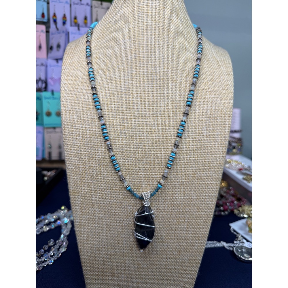 Handcrafted Wire Wrapped Labradorite Pendant Necklace Turquoise Opal Beaded